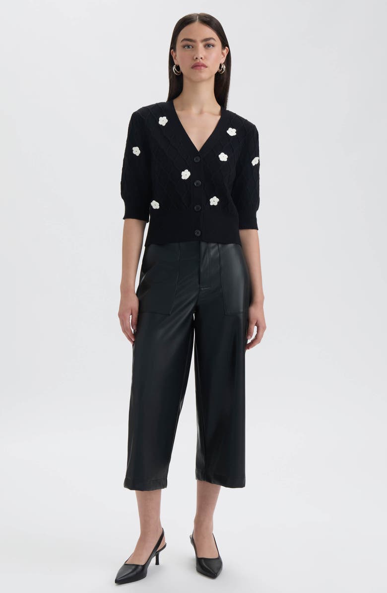 NVLT Flower Cable Stitch Short Sleeve Cardigan, Alternate, color, Black