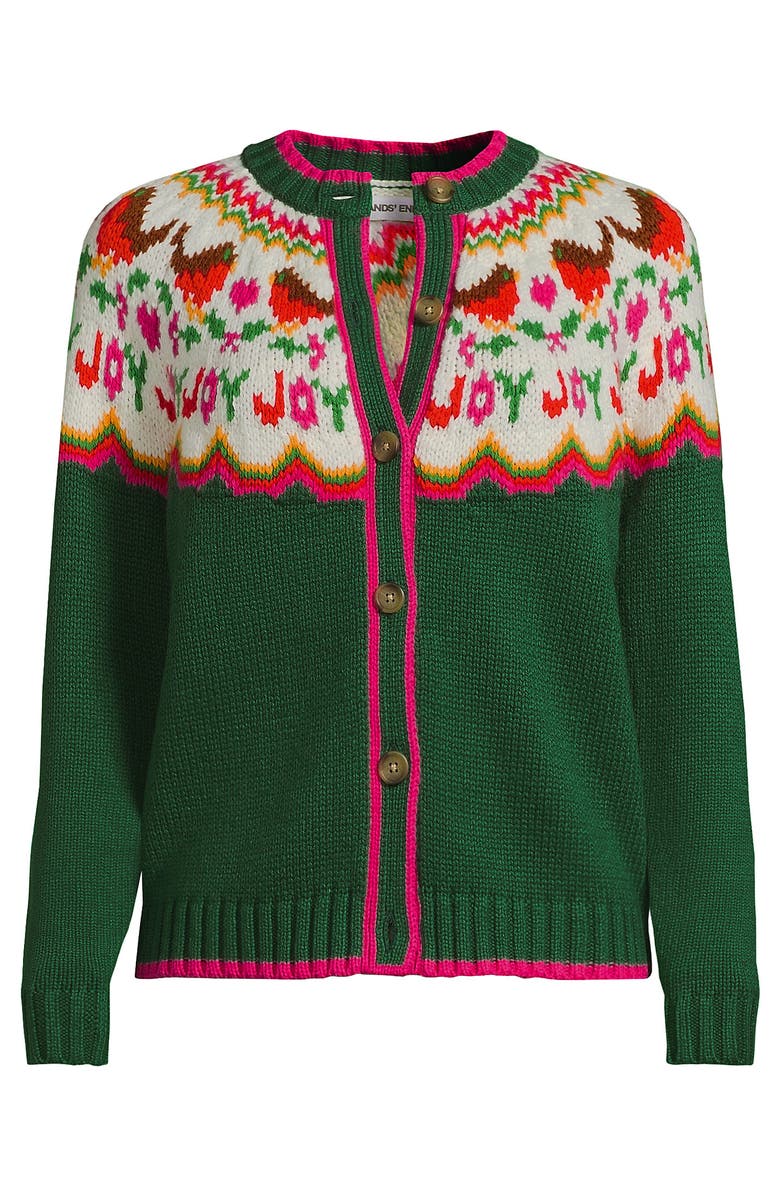 Lands' End Lofty Birdseye Fair Isle Cardigan Sweater, Alternate, color, Joy Birds/Green