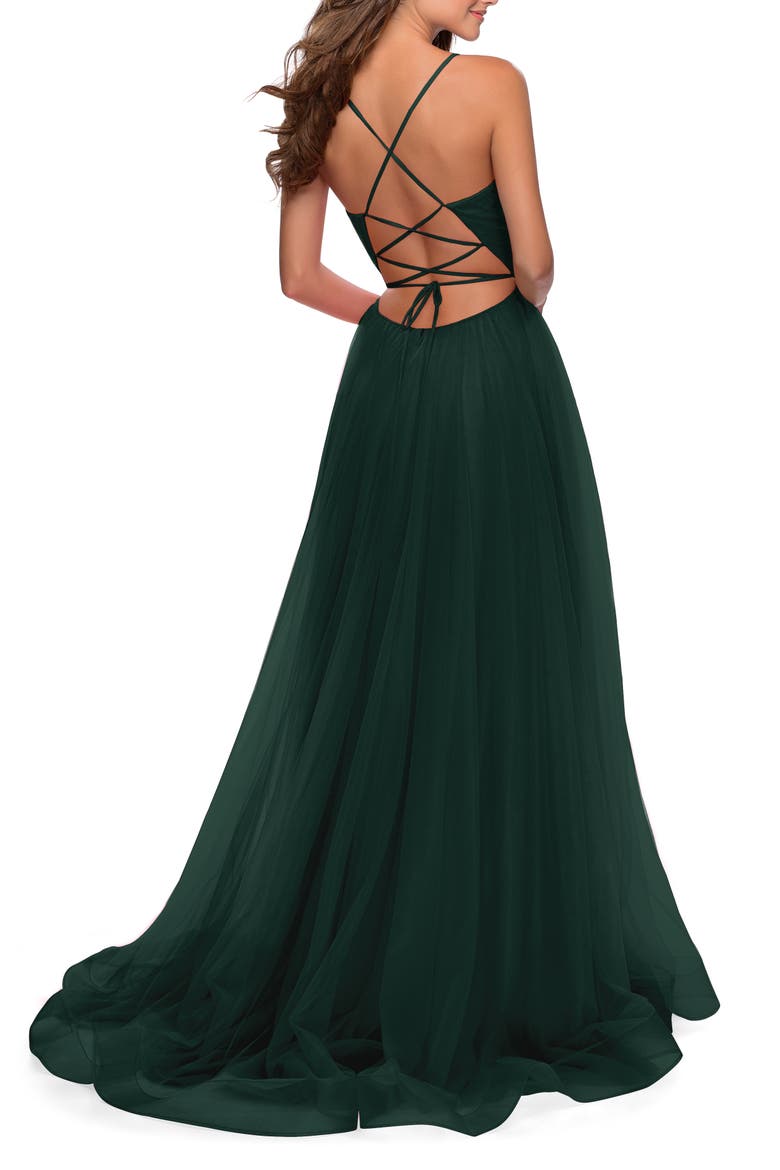 Long Tulle A-line Gown with Side Slit and Pockets, Alternate, color, Dark Emerald