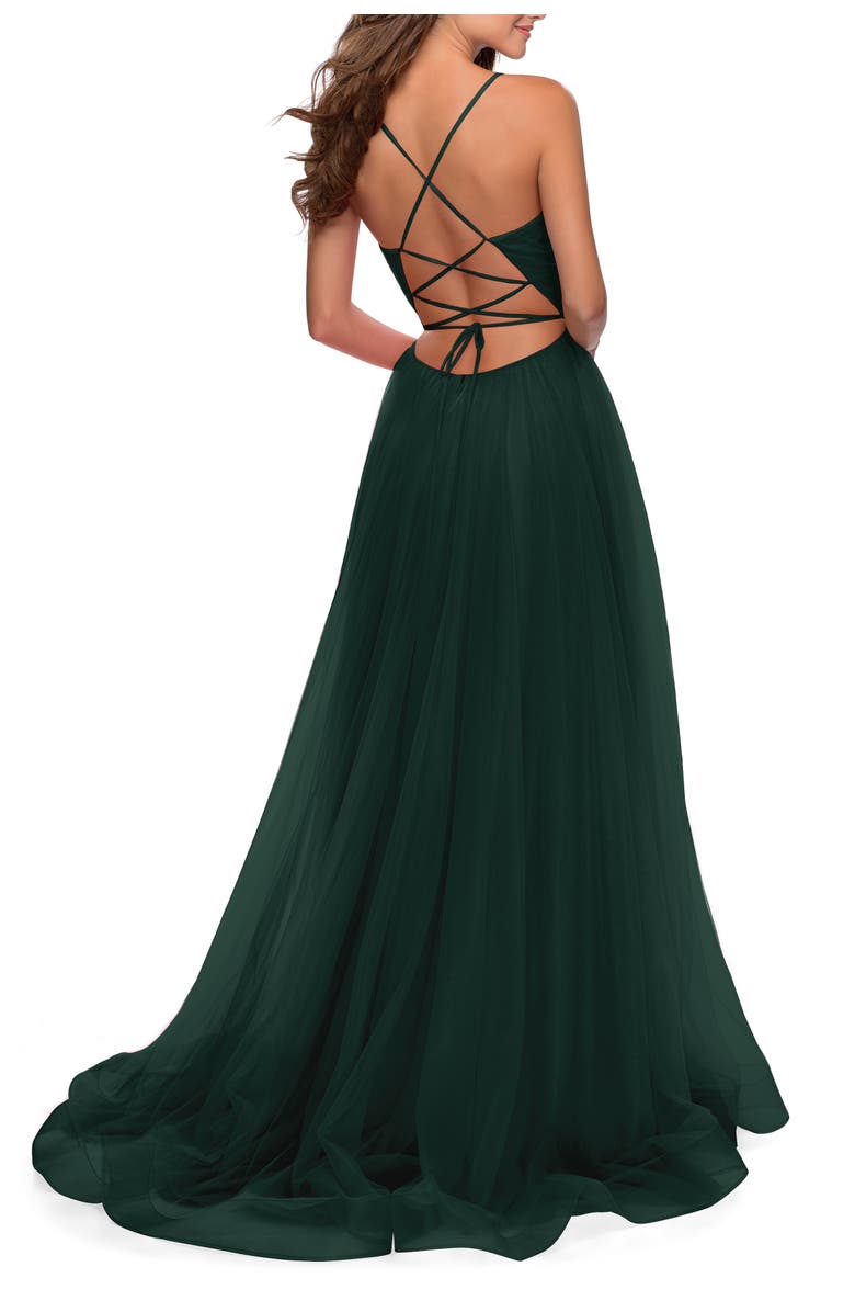 La Femme Long Tulle A-line Gown with Side Slit and Pockets, Alternate, color, Dark Emerald