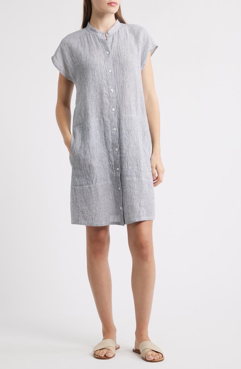 Eileen Fisher Band Collar Stripe Organic Linen Shirtdress, Main, color, Ink