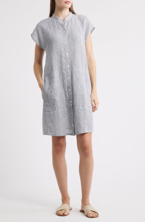 Band Collar Stripe Organic Linen Shirtdress