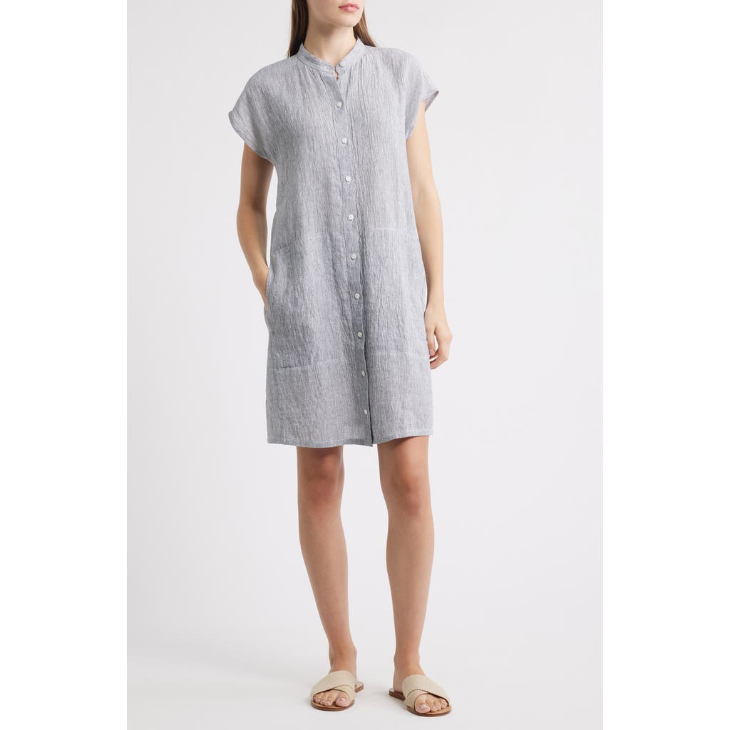 Eileen Fisher Band Collar Stripe Organic Linen Shirtdress