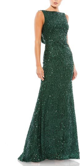 Cowl Back Boat Neck Sequined Evening Gown
