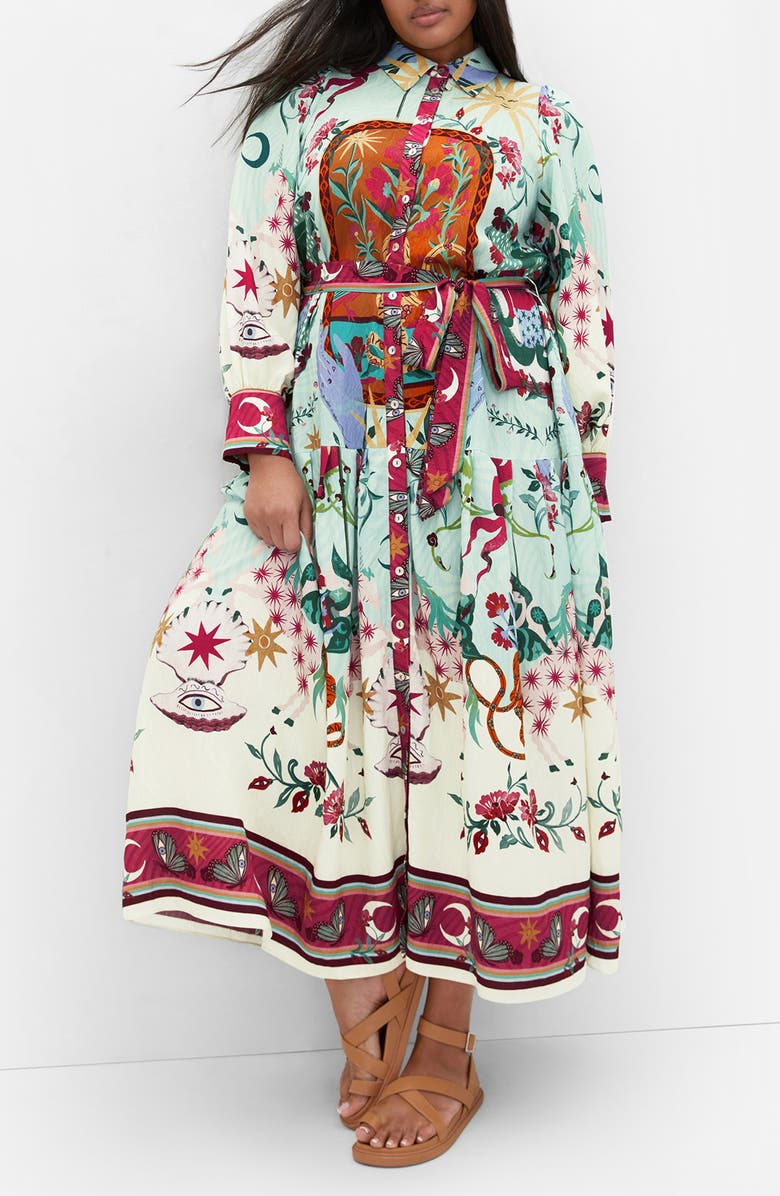 City Chic Ezra Mixed Print Long Sleeve Maxi Shirtdress, Main, color, 