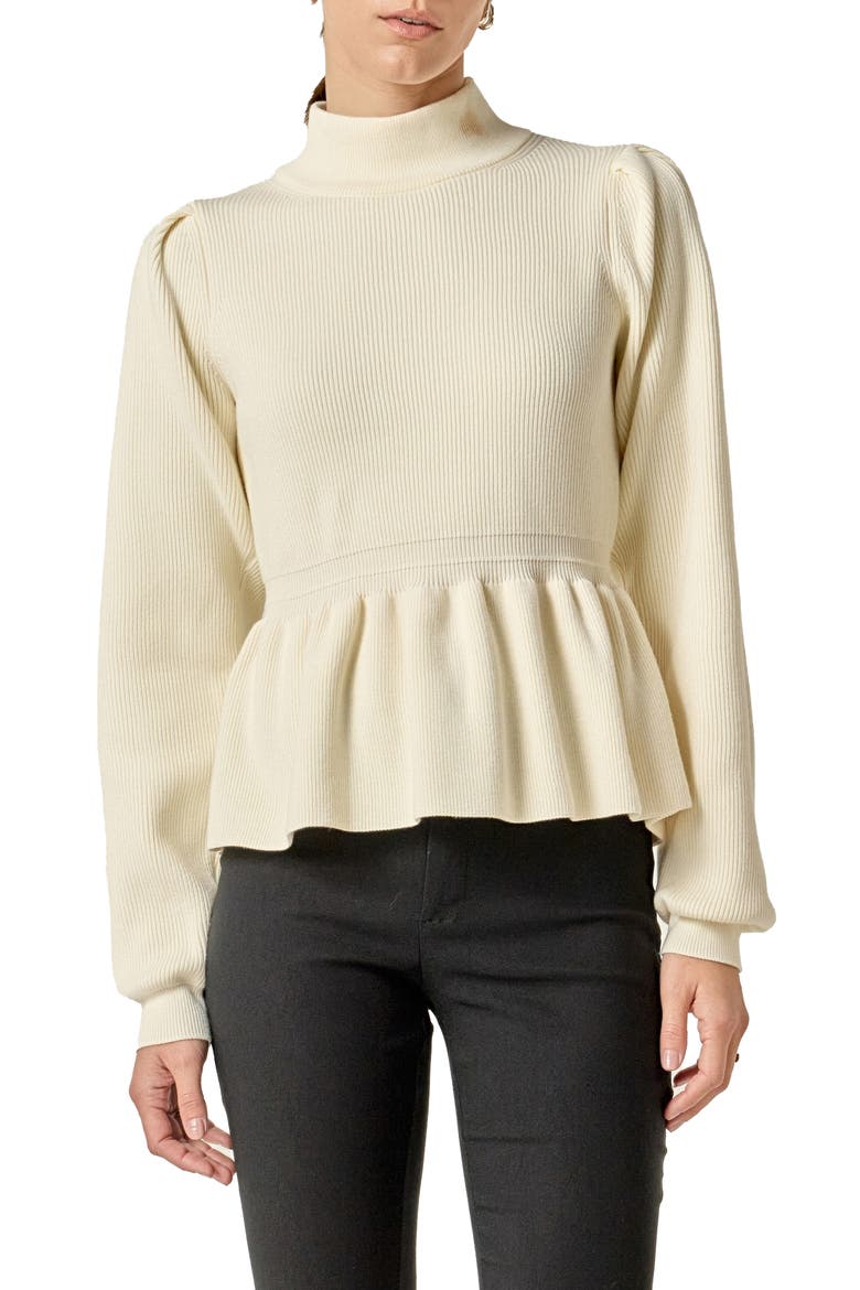 Mock Neck Peplum Rib Sweater, Main, color, OFF WHITE
