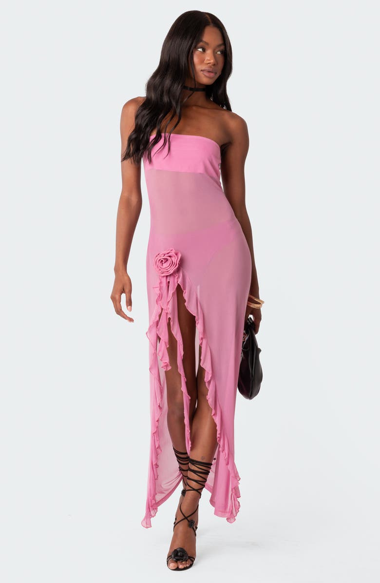 EDIKTED Suri Flower Strapless Mesh Maxi Dress, Alternate, color,