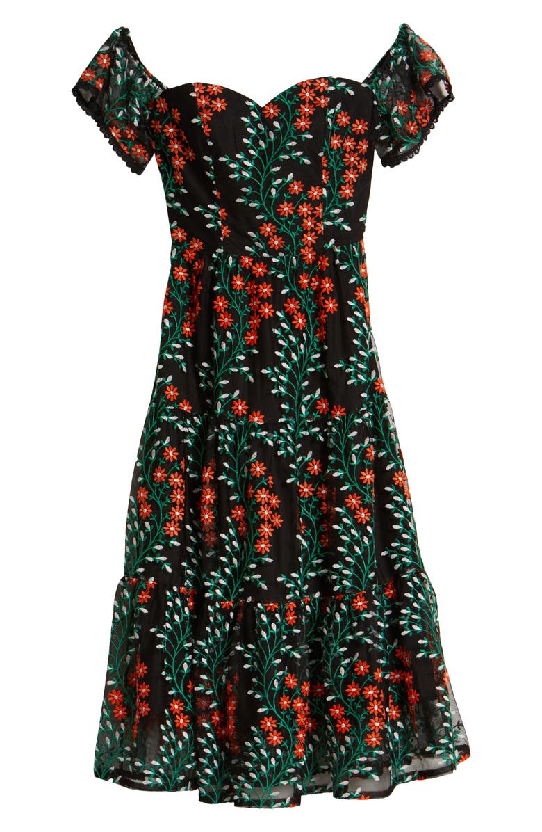 Dress the Population River Embroidered Off the Shoulder Midi Dress, Alternate, color,