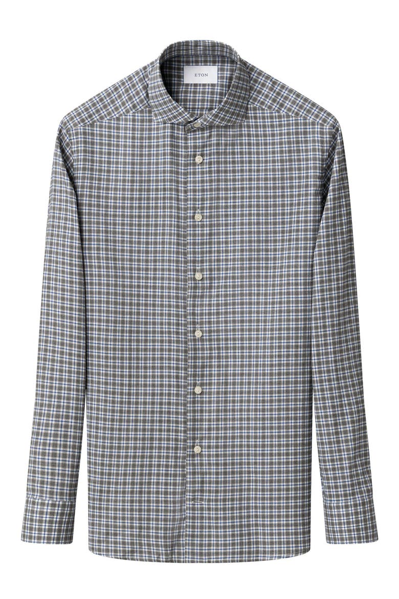 Contemporary Fit Grey Check Cotton Flannel Dress Shirt, Alternate, color, DARK GREY