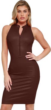 Popilush Shapewear Sculpting Faux Leather Zip Front Midi Dress