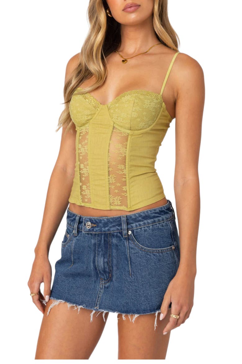 Avena Lace Panel Linen & Cotton Corset Top, Alternate, color, GREEN