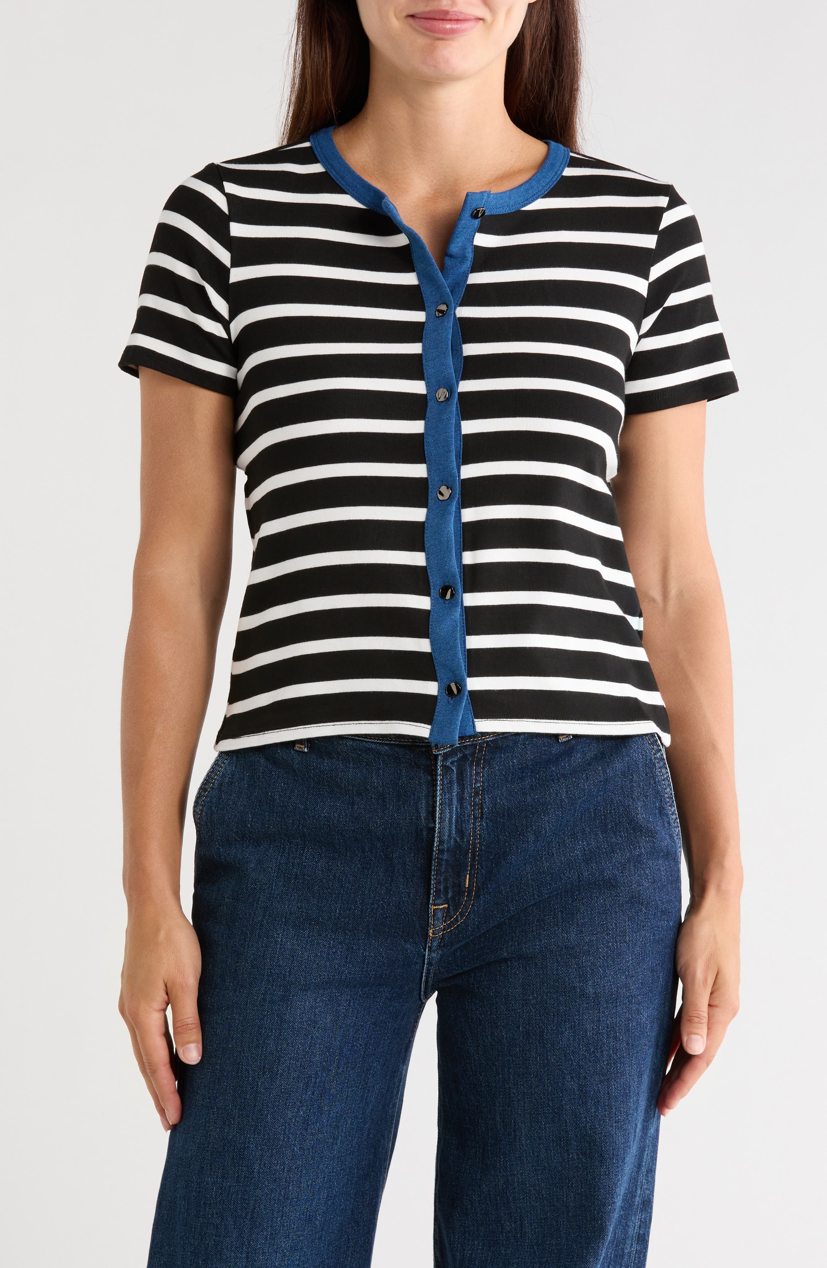 Contrast Trim Short Sleeve Stripe Cardigan