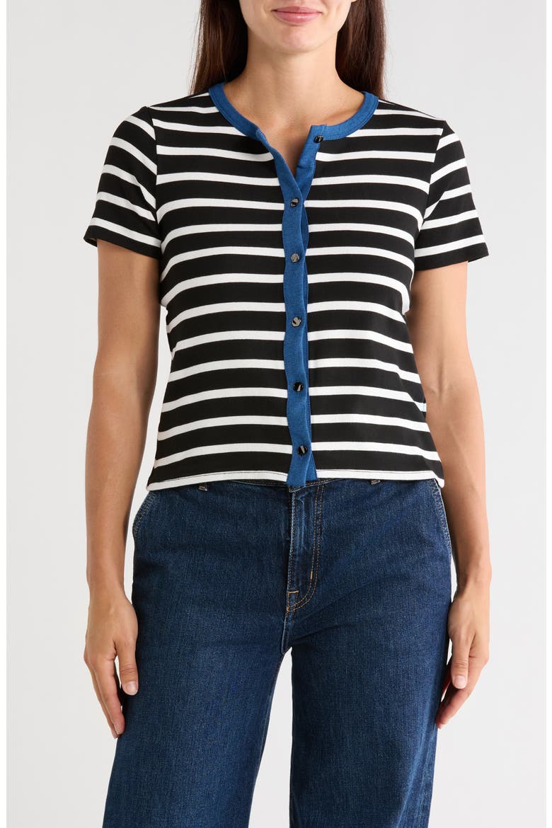 Contrast Trim Short Sleeve Stripe Cardigan, Main, color, BLACK/ BONE MEDIUM WASH