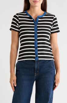 Contrast Trim Short Sleeve Stripe Cardigan