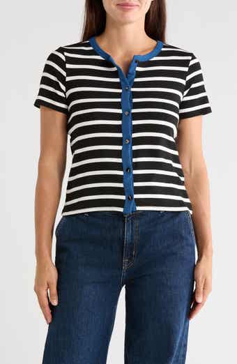 Contrast Trim Short Sleeve Stripe Cardigan