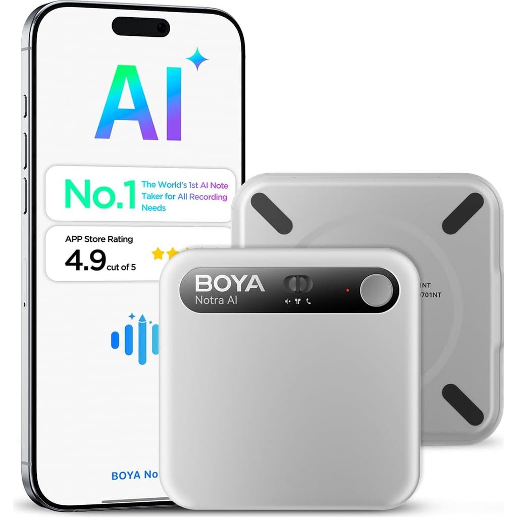 Boya Ai Voice Recorder with Smart Transcription, Summary, App Control, 64GB Storage, Cloud Sync, 140+ Languages, MagSafe Compatible in Silver at