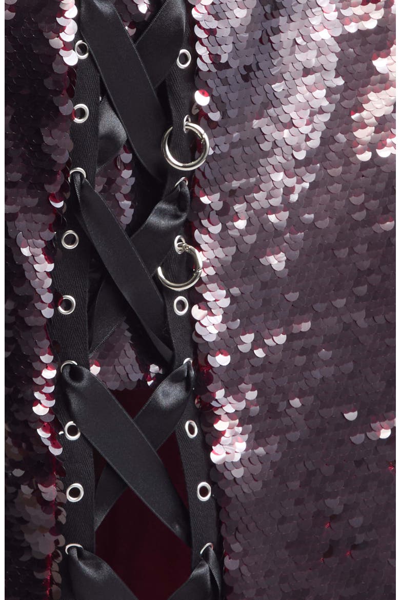 Unraveling Ribbon Ring Sequin Midi Skirt, Alternate, color, DEEP RED