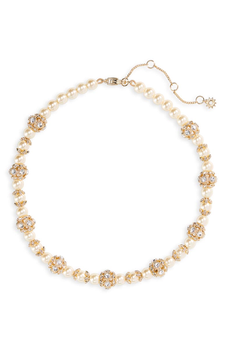 Marchesa Pavé Station Imitation Pearl Collar Necklace, Main, color, Gold/ Blush/ Cry
