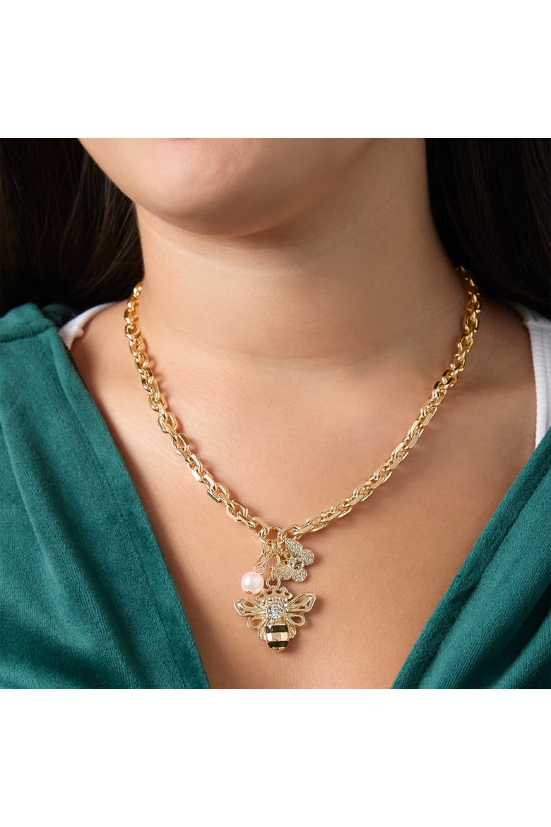Charm Cluster Bee Necklace, Gold-Tone with Crystal Butterfly & Pearl Accents, Alternate, color, Gold Tone