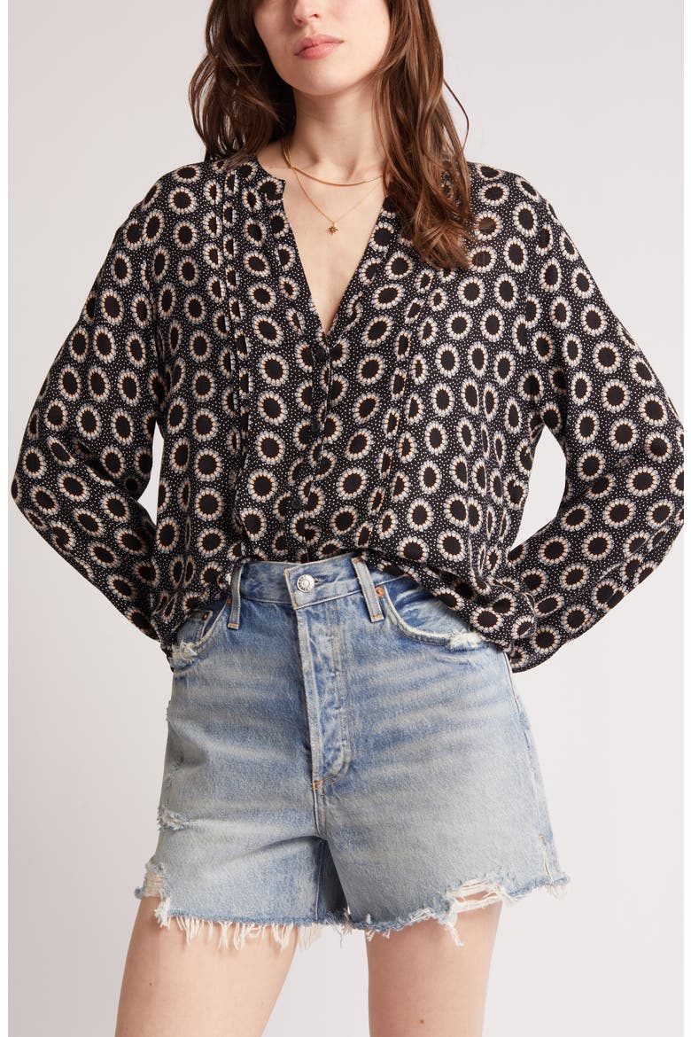 Pleated Long Sleeve Peasant Blouse, Alternate, color, BLACK LOU MEDALLION