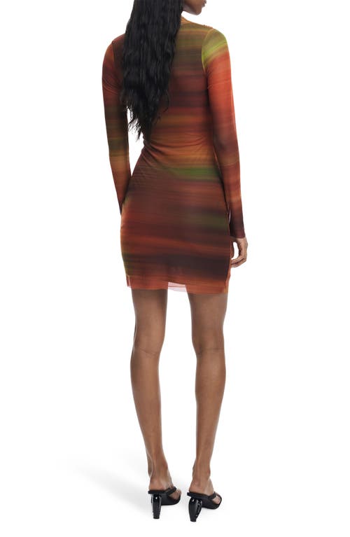 Desigual Ruched Long Sleeve Mesh Minidress In Brown
