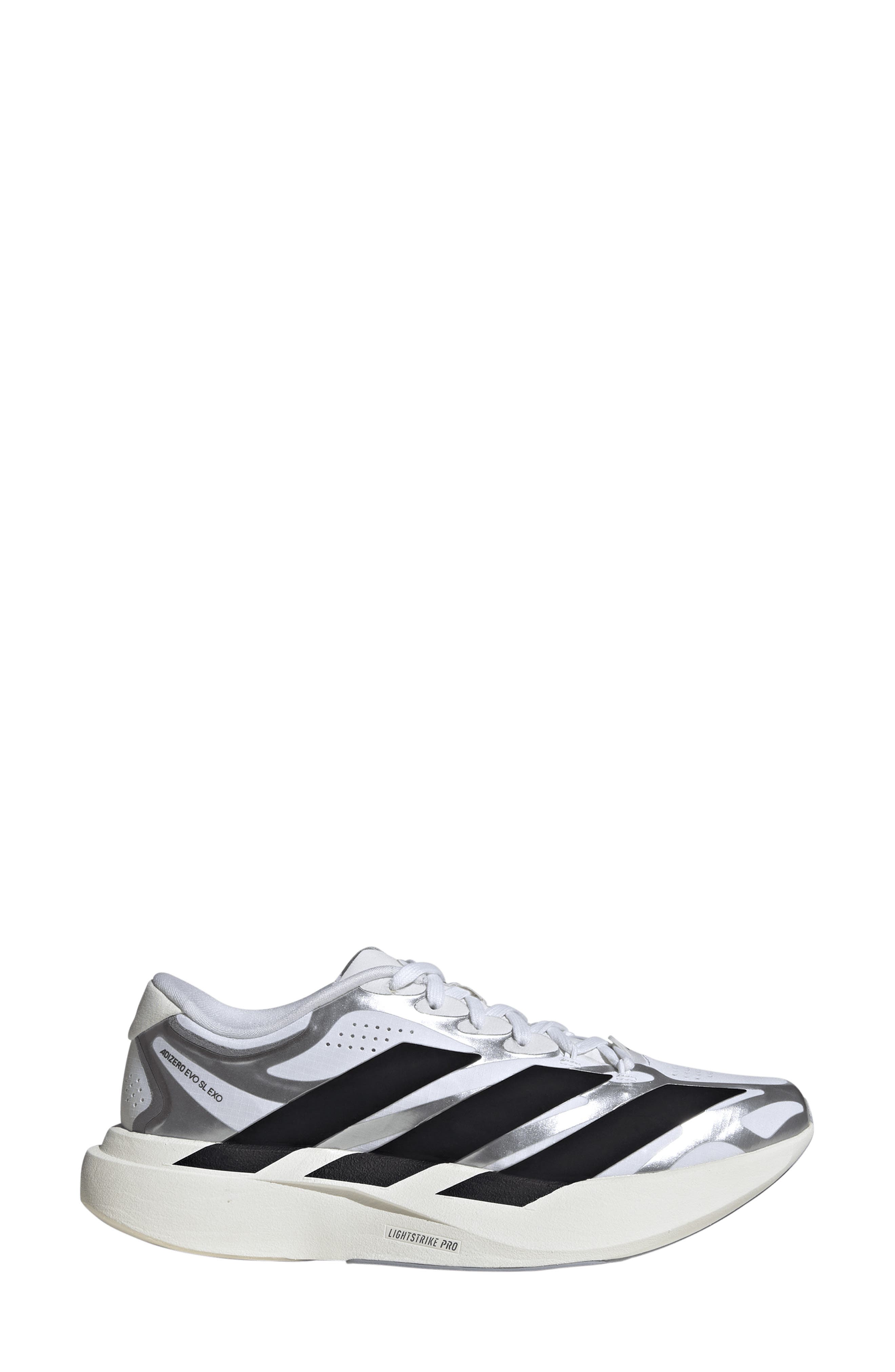adidas Adizero Evo SL EXO Running Shoe, Alternate, color, White/ Black/ Iron Met