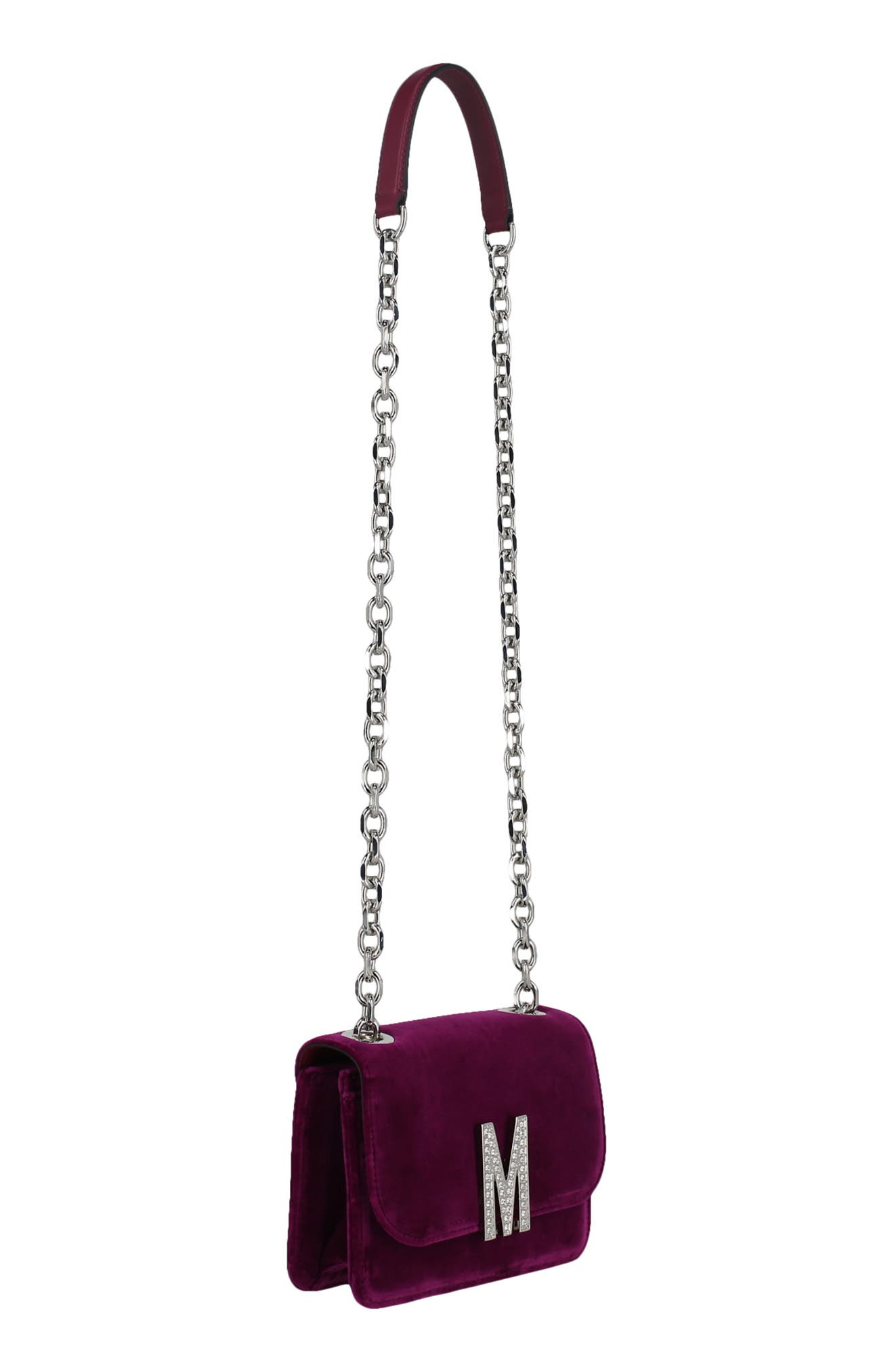 Moschino Crystal Logo Velvet Crossbody Bag, Alternate, color, 