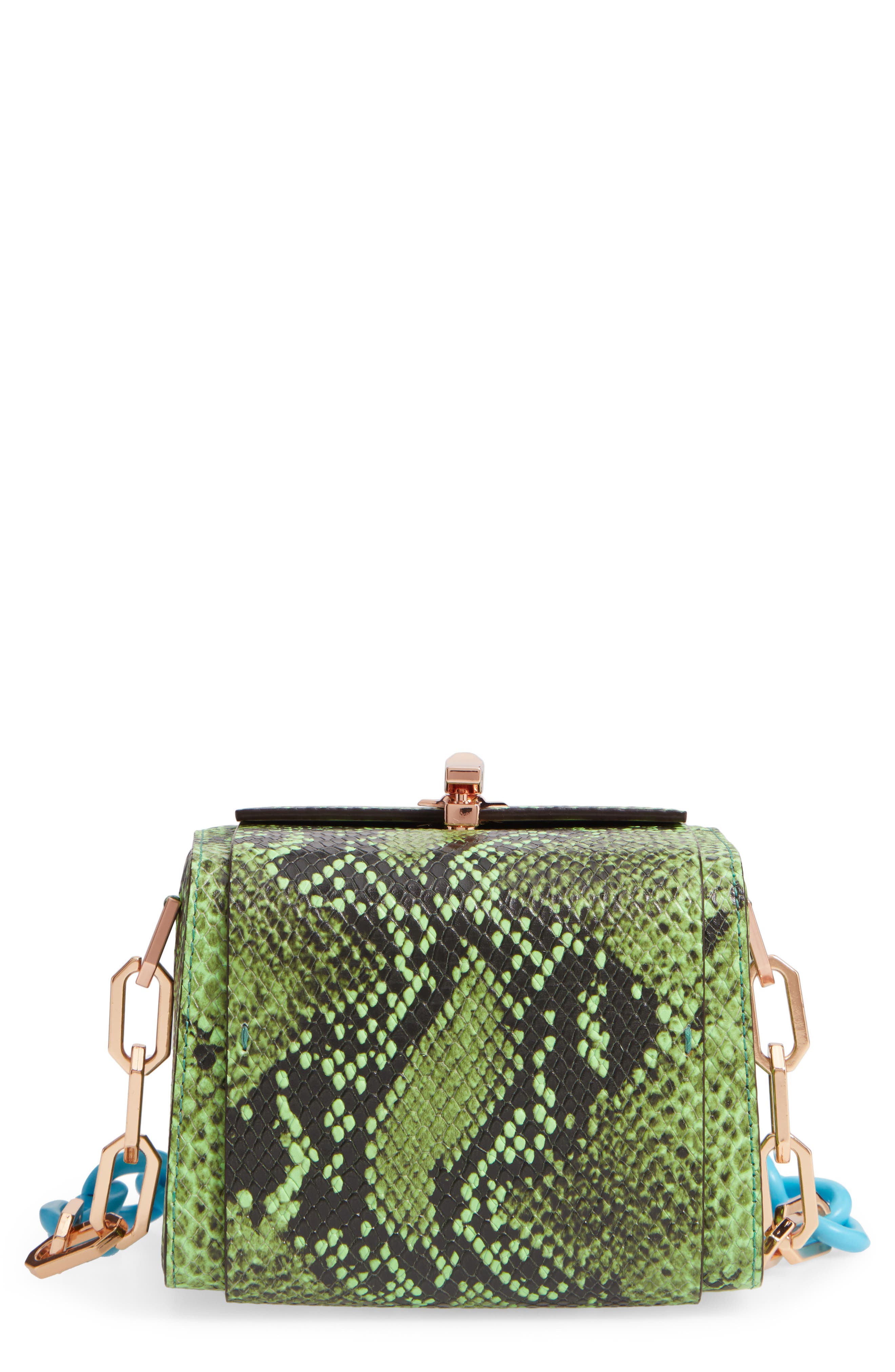 PO Cube Snake Embossed Leather Box Bag, Main, color, NEON GREEN