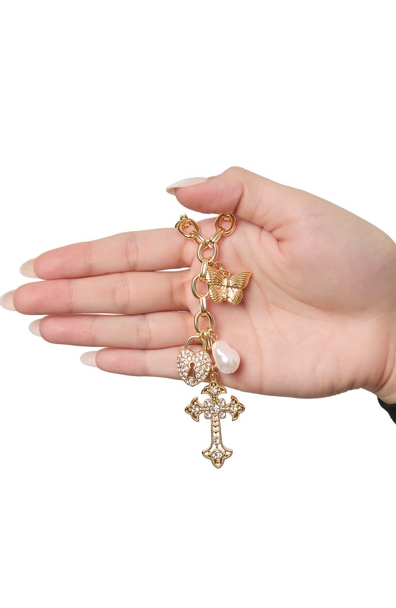 Jessica Simpson Gold-Tone Charm Link Necklace with Cross, Heart & Pearl Accents, Alternate, color, Gold Tone