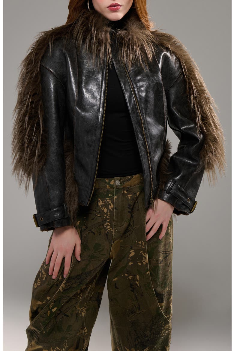 Tahlis Faux Fur Trim Faux Leather Moto Jacket, Alternate, color, ESPRESSO