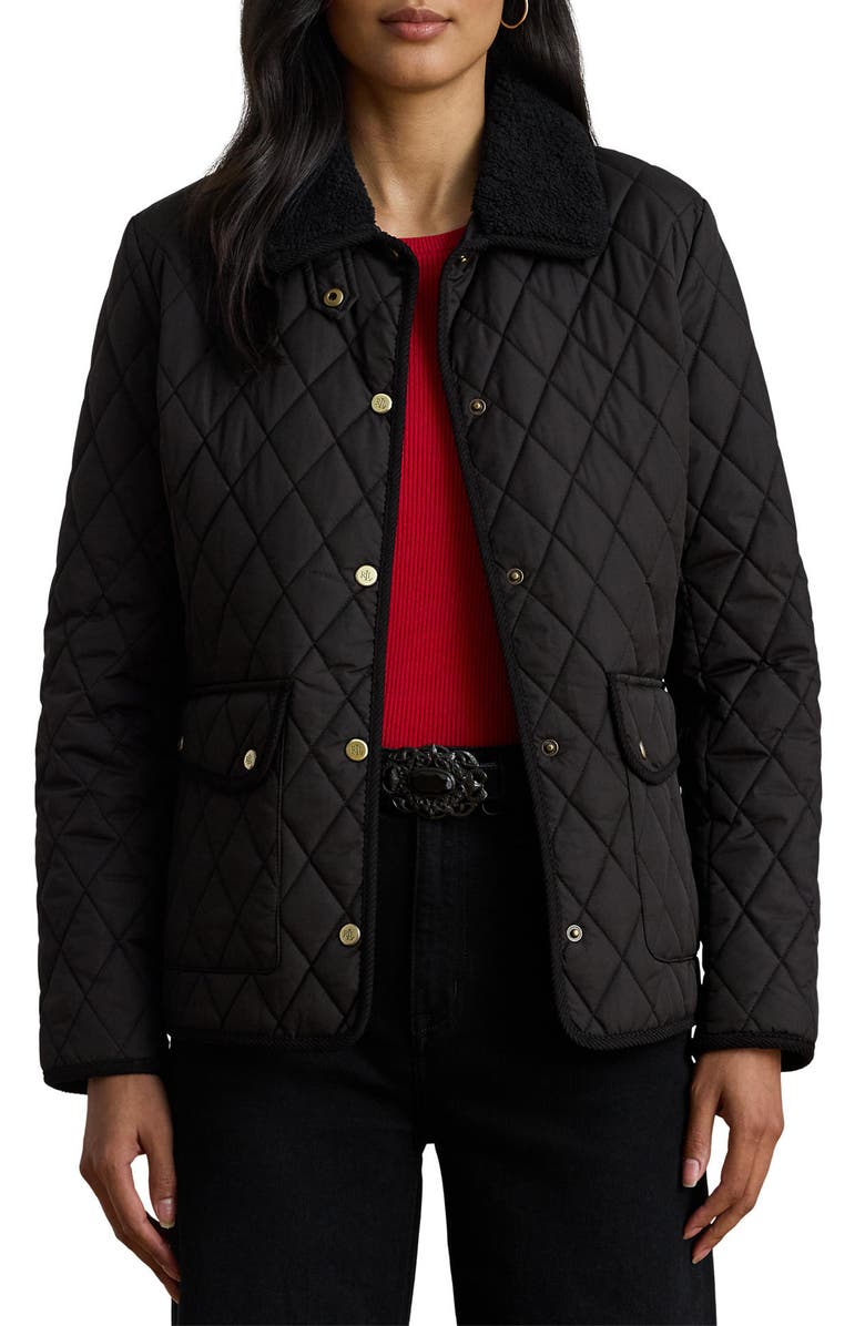 Lauren Ralph Lauren Quilted Faux Shearling Collar Jacket, Main, color, Black