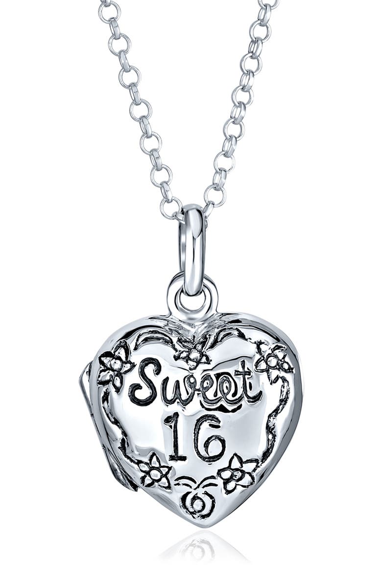 Sweet 16 Rhodium Plated Sterling Silver Engraved Heart Locket Necklace, Main, color, SILVER