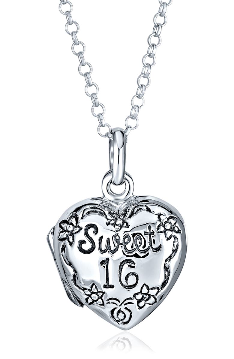 BLING JEWELRY Sweet 16 Rhodium Plated Sterling Silver Engraved Heart Locket Necklace, Main, color, Silver