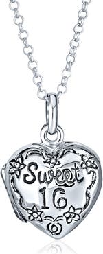 BLING JEWELRY Sweet 16 Rhodium Plated Sterling Silver Engraved Heart Locket Necklace