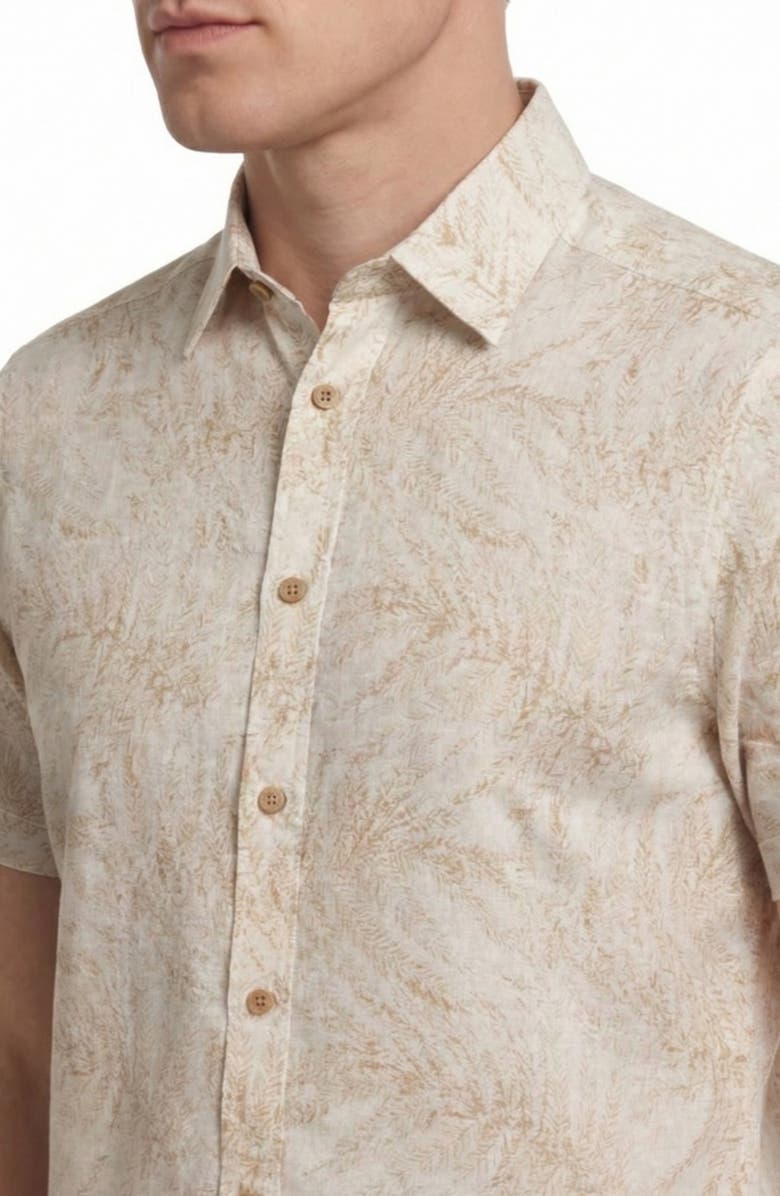 Report Collection Tropical Print Short Sleeve Linen & Cotton Button-Up Shirt, Alternate, color, Beige