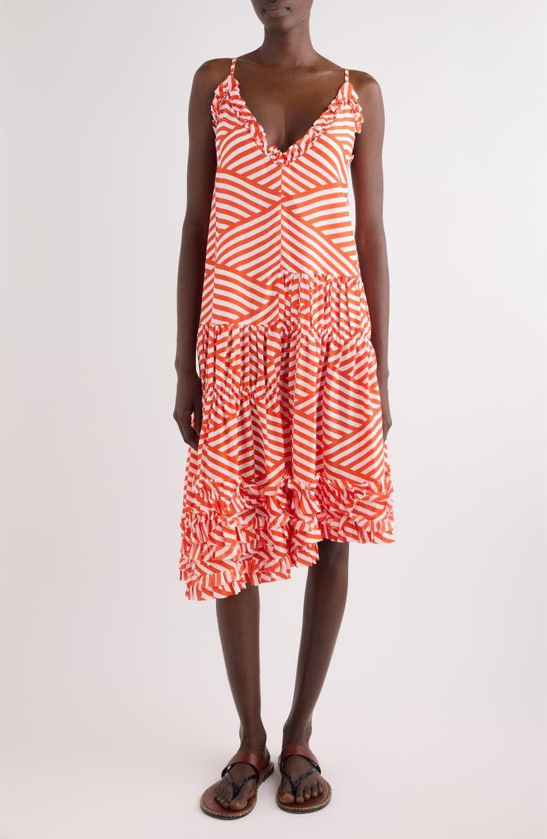 Dries Van Noten Demi Diamond Stripe Tiered Silk Dress, Main, color, Red