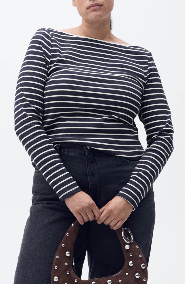 MANGO Stripe Boat Neck Top, Alternate, color, Dark Navy