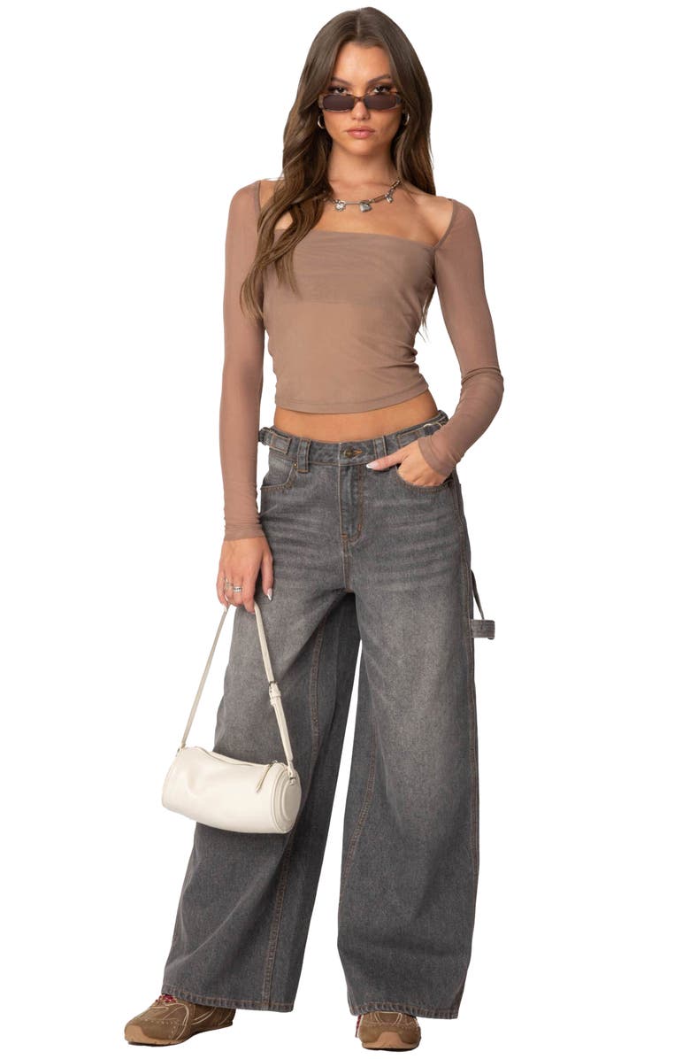 EDIKTED Marta Mesh Crop Top, Alternate, color, Brown