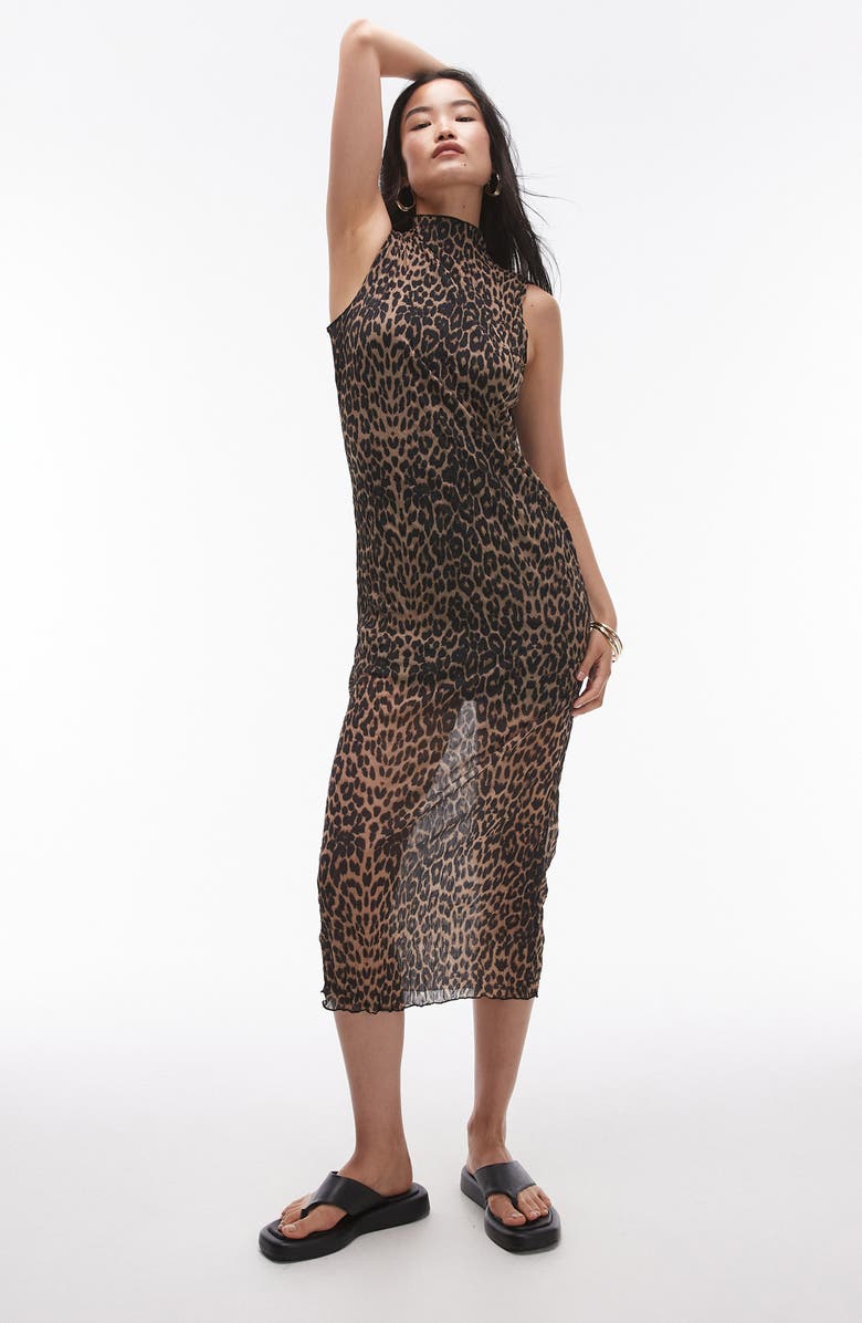 Topshop Leopard Crinkle Funnel Neck Midi Dress, Main, color, 