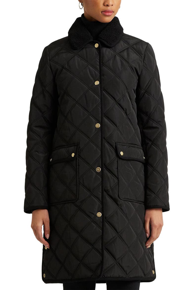 Berber Quilted Faux Fur Trim Jacket, Main, color, BLACK