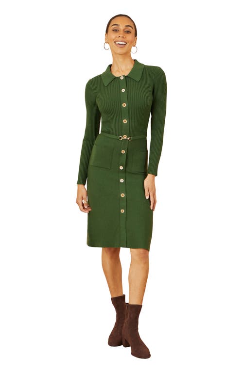 Yumi Belted Rib Knit Midi Dress With Pockets In Green