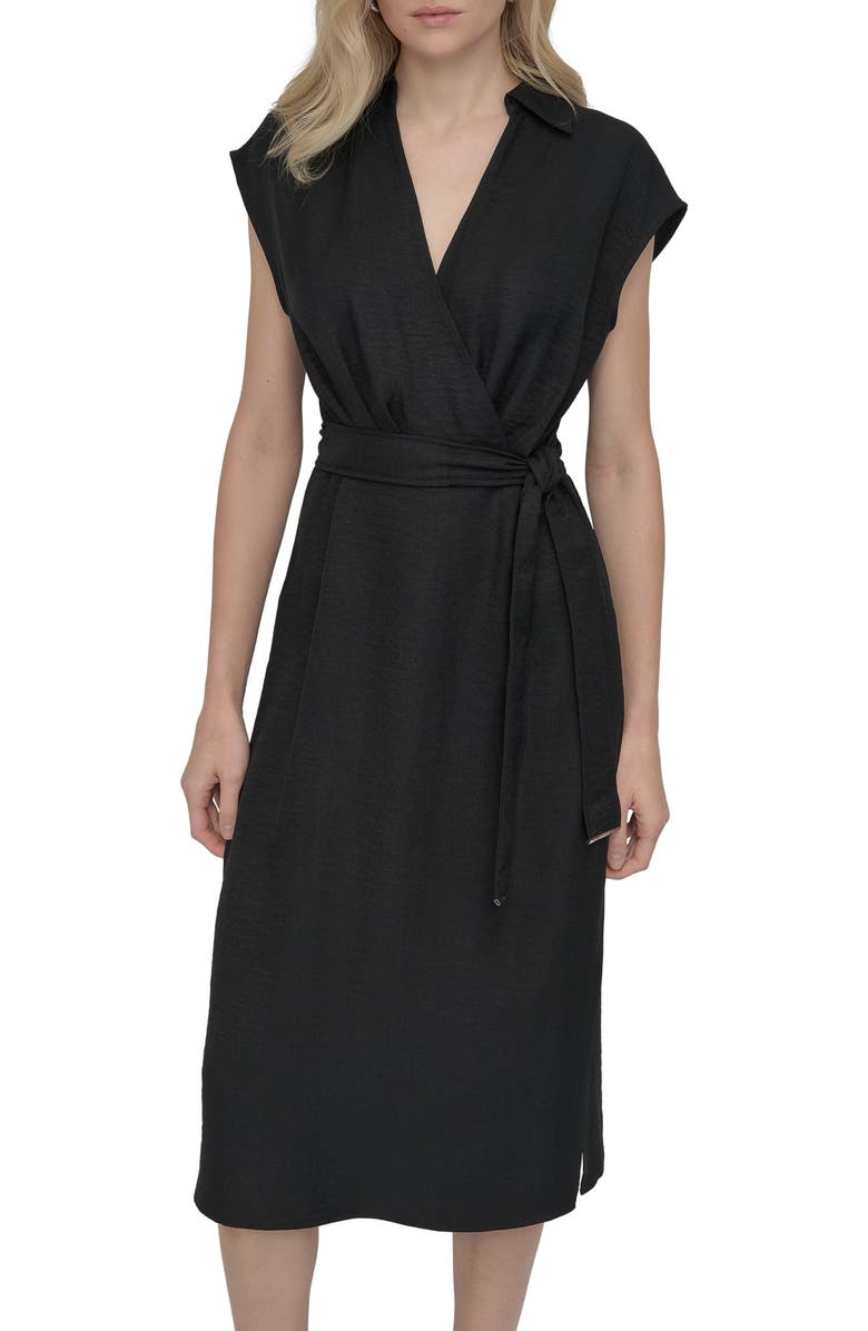 DKNY Faux Wrap Midi Dress, Alternate, color, Black
