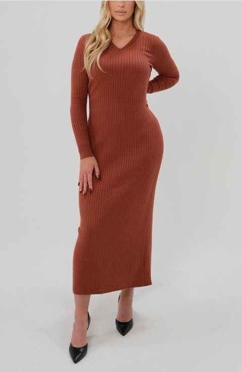 Women's Ribbed Long Sleeve V-Neck Midi Sweater Dress
