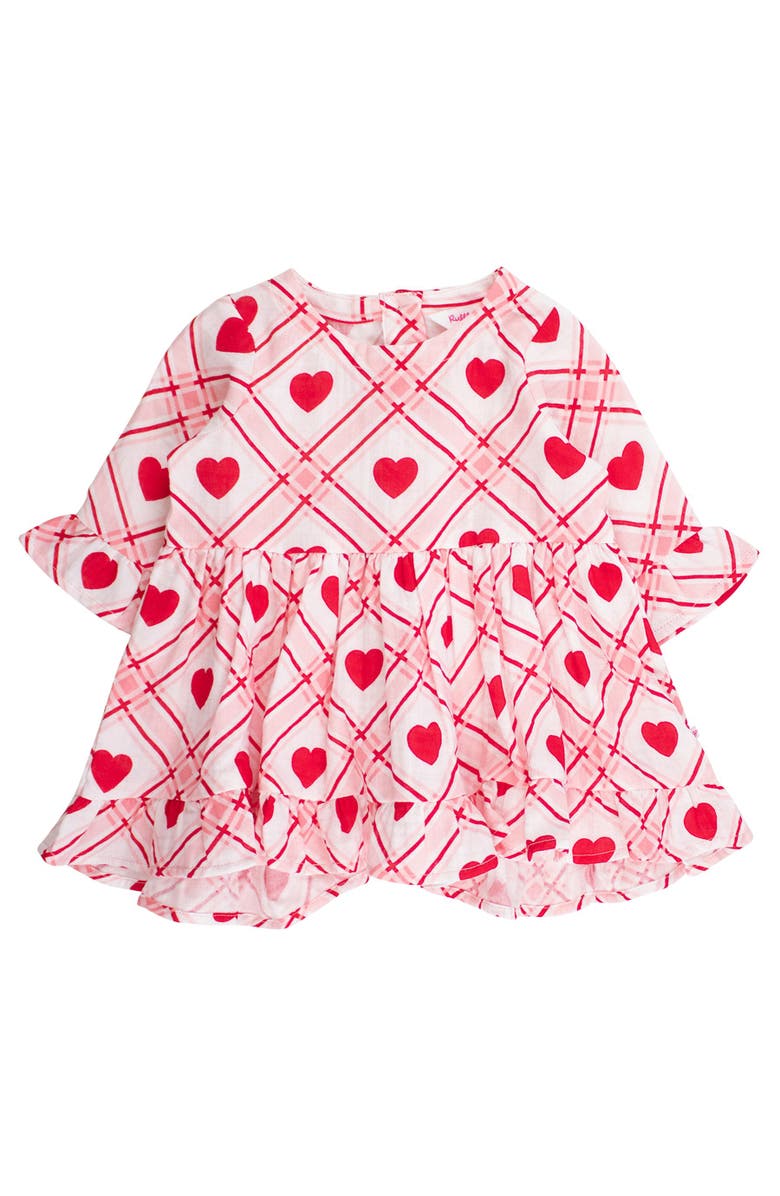 RuffleButts Cotton Gauze High Low Ruffle Tunic, Main, color, Pink Sweetheart Plaid