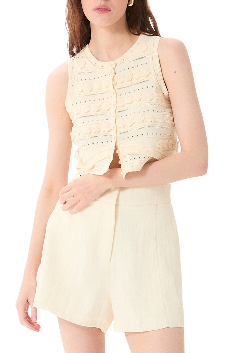 Malta Floral Appliqué Crop Pointelle Vest, Main, color, ECRU