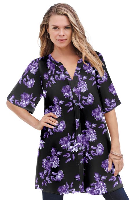 Plus Size Angelina Crinkle Crepe Y-Neck Short Sleeve Tunic (Plus)