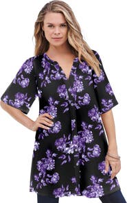 Roaman's Plus Size Angelina Crinkle Crepe Y Neck Short Sleeve Tunic