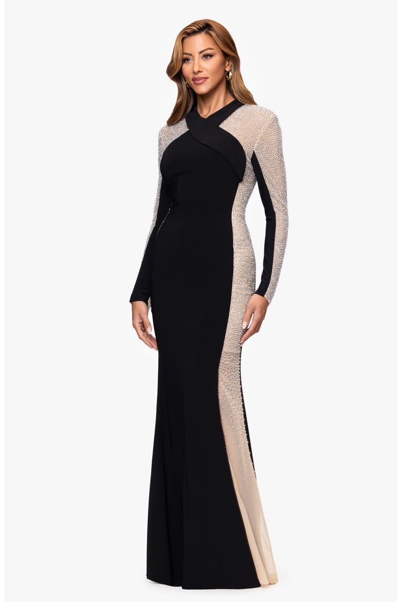 Beaded Mesh Long Sleeve Gown, Alternate, color, BLACK/ BEIGE/ SILVER