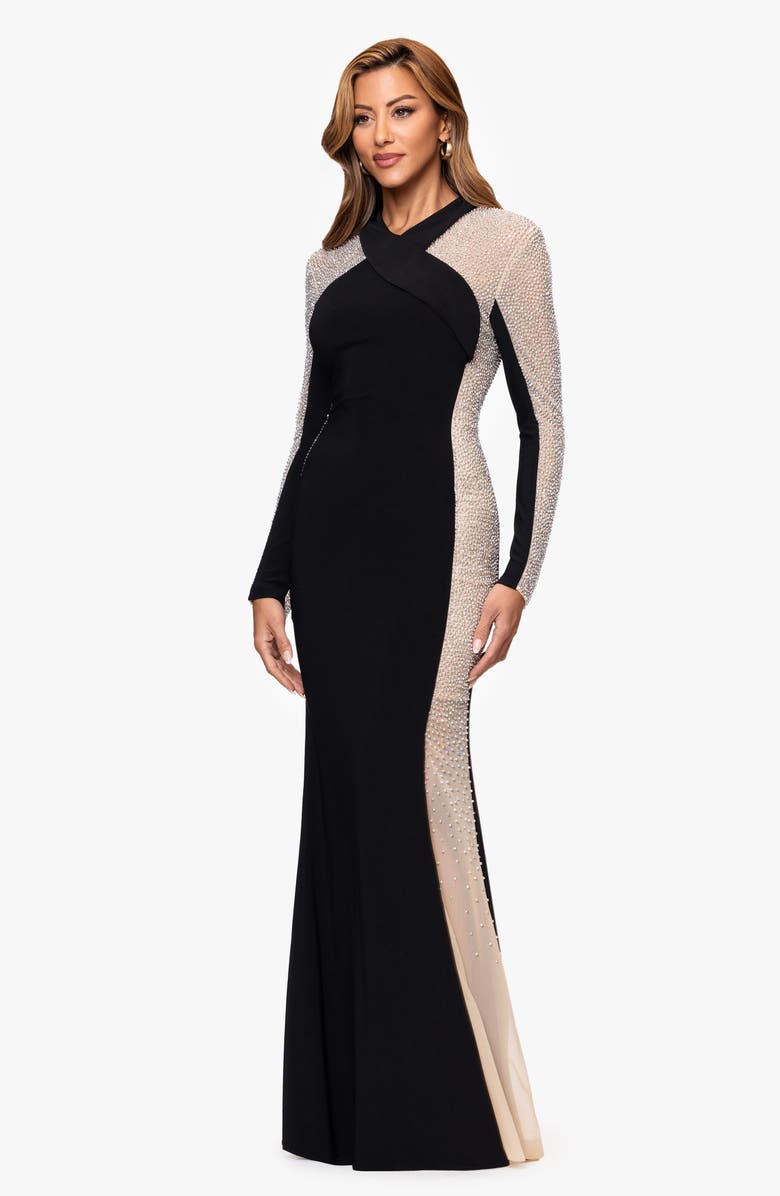 Xscape Evenings Beaded Mesh Long Sleeve Gown, Alternate, color, Black/ Beige/ Silver
