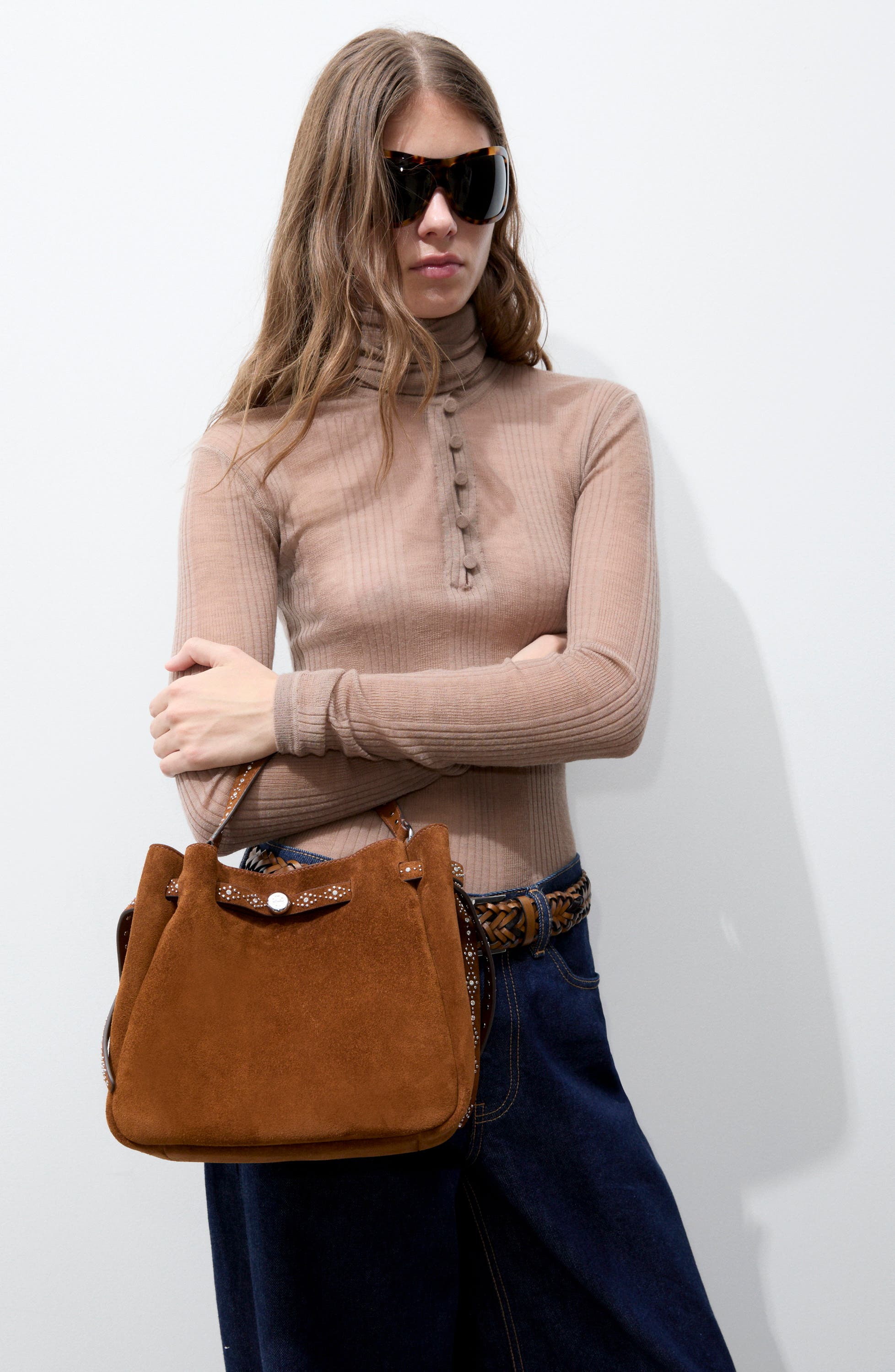 Romy Studded Leather Bucket Bag, Main, color, CARAMEL